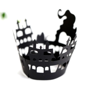 Laser cut black Halloween cupcake wrapper featuring gothic castle and ghost silhouettes