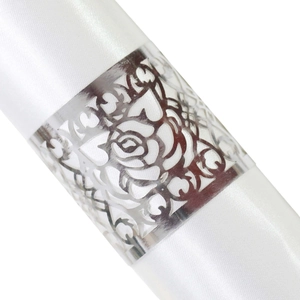 Silver hollow rose napkin ring with white satin lining for wedding table decor