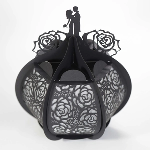 3D hollow black paper lantern with laser cut rose patterns and romantic couple silhouette