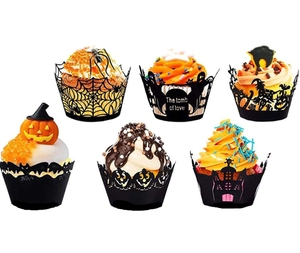 Detail of 6 laser-cut Halloween cupcake wrappers with pumpkin, bat and ghost patterns
