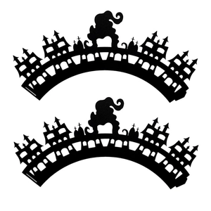 Black laser-cut Halloween cupcake wrappers featuring gothic castle and wizard silhouettes