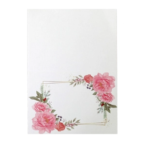 Detail of rose floral place card with gold geometric lines and blank writing space