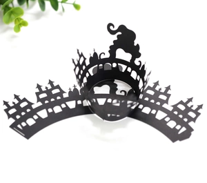 Detailed laser-cut black Halloween cupcake wrappers with gothic castle and ghost silhouettes
