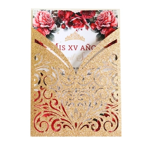 Luxury laser-cut gold glitter invitation cover with red floral Mis Quince Años inner card