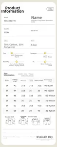 Size guide for girls' zip-up hoodie featuring detailed measurements and fabric composition