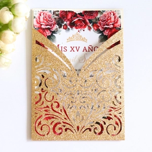 Laser cut gold glitter invitation cover with heart patterns and red rose insert card