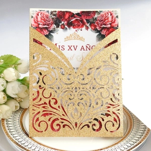 Laser-cut gold glitter Quinceañera invitation set with red rose floral inner card
