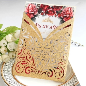 Elegant gold glitter laser cut quinceañera invitation with red roses and crown details