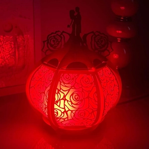Detail view of red hollow rose night light featuring a romantic couple silhouette