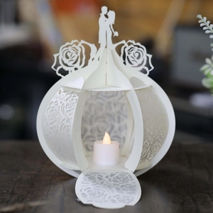 Detail of white hollow rose paper lantern with warm LED candle light for wedding decor