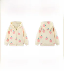 Flat lay view showing the front and back of cream kids zip hoodie with pink peach print