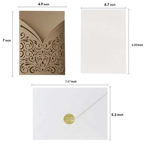Detailed size specifications for laser cut floral invitation kit with golden seal