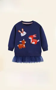 Detail of navy blue cotton sweatshirt with animal embroidery and layered mesh hem