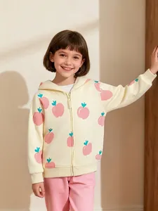 Girls Cotton Blend Zip Up Hooded Sweatshirt Jacket Cartoon Fruit Printed Long Sleeve Fall Hoodie For Kids Toddlers Outerwear