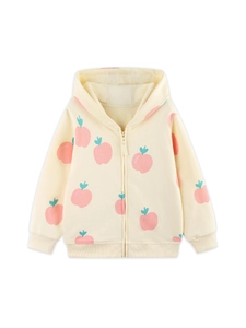 Girls zip-up hooded sweatshirt in cream with all-over pink fruit patterns and ribbed cuffs