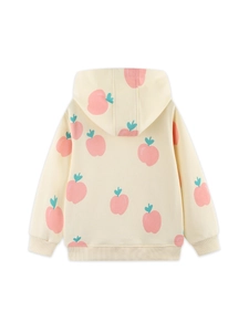 Girls long sleeve cotton hoodie with pink apple print and ribbed cuffs in beige