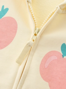 Girls zip-up hooded sweatshirt in light yellow with cute fruit print and cotton fabric