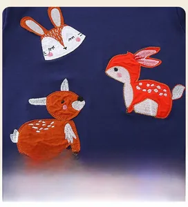 Close-up of adorable animal embroidery on navy blue cotton sweatshirt for girls