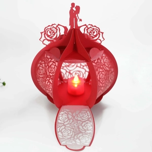 Detail of red hollow rose paper lantern with romantic couple silhouette and LED warm light