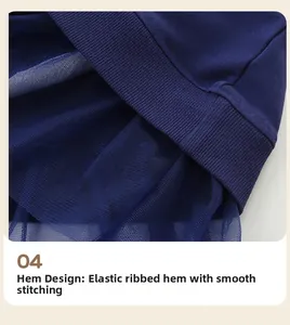 Detail of navy elastic ribbed hem and mesh trim with neat stitching on girls sweatshirt