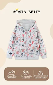 Detail of grey hoodie with colorful cartoon rabbit prints and white zipper closure