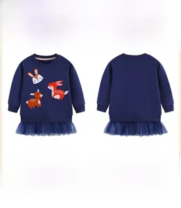 Detailed front and back view of girls' navy sweatshirt featuring mesh skirt and animal embroidery