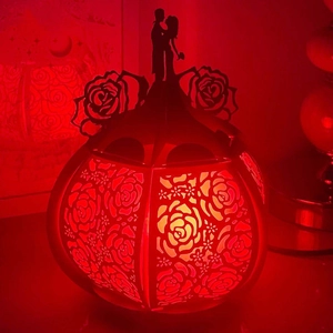 Hollow rose pattern paper lantern with romantic couple silhouette and red light glow