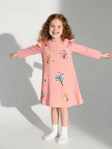 Robe à Manches Longues en Coton pour Filles Manches Volantées Rose Robe de Princesse Avec Broderie Florale Coton Tricoté Enfants Robe d'Automne