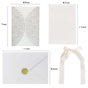 Detailed view of rose gold glitter laser-cut wedding invitation set with dimensions
