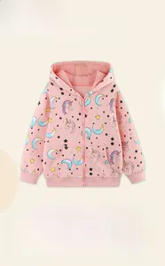 Close-up of pink unicorn print on soft cotton toddler zip-up hoodie with ribbed cuffs