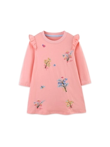 Robe rose à manches longues pour filles avec broderies florales et volants aux épaules