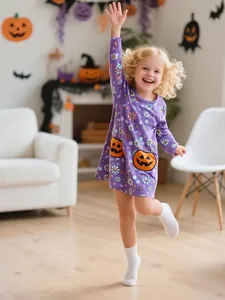 Robe en Coton à Manches Longues Halloween pour Petites Filles Violette Imprimé Citrouille Fantôme Robe de Fête avec Poches Automne Vêtements Enfant