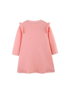 Robe trapèze rose à manches longues en coton pour fille avec détails de volants aux épaules
