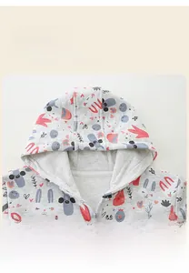 Detail of grey girl hoodie showing cartoon rabbit print and zip closure hooded design
