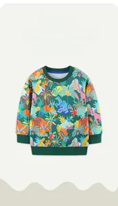 Detail of ribbed dark green neckline and cuffs on kids sweatshirt with jungle animal print