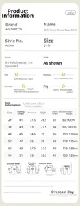 Size chart for girls sweatshirt showing measurements and care instructions in detail