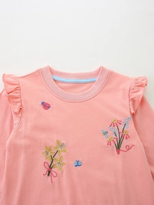 Robe rose à manches longues pour filles avec épaules volantées et broderie florale en coton