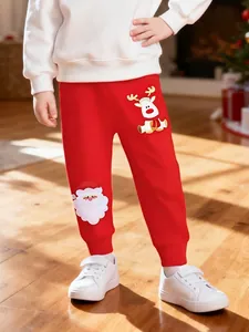 Pantalon de Jogging Brodé de Noël pour Filles Rouge Coton Pantalon avec Motif Père Noël Renne Bas Festifs d'Automne