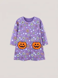 Robe Halloween pour fille violette à manches longues, motifs fantômes et poches citrouille