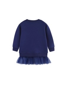 Navy blue girls long sleeve sweatshirt dress with sweet mesh hem and ribbed cuffs