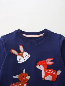 Dark blue girls sweatshirt with cute animal embroidery and ribbed crew neck detail