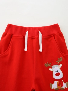 Pantalon de jogging rouge fille avec broderie renne de Noël et cordon de serrage