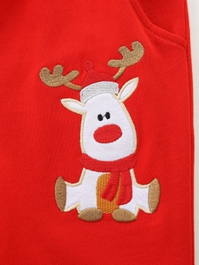 Pantalon de Noël rouge pour filles avec broderie de renne et détails de poche latérale