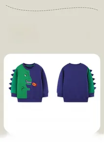 Detailed front and back view of kids color-block sweatshirt with green dinosaur embroidery