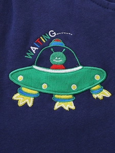 Boys navy cotton jogger pants featuring colorful UFO and alien embroidery with Waiting text