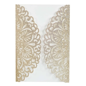 Laser cut champagne gold glitter invitation cover with elegant hollow floral pattern