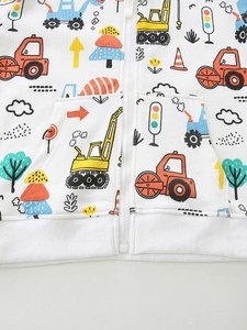 Veste à capuche blanche zippée pour garçon avec motifs de véhicules de chantier