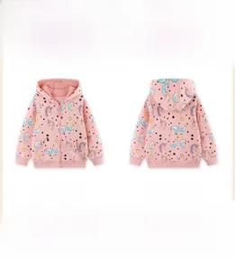 Front and back view of girls pink hooded jacket with unicorn, moon and star prints