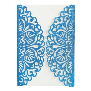 Blue glitter laser cut hollow floral wedding invitation card with elegant square fold