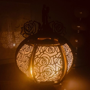 Detailed view of hollow rose pattern lantern with romantic couple silhouette and warm light